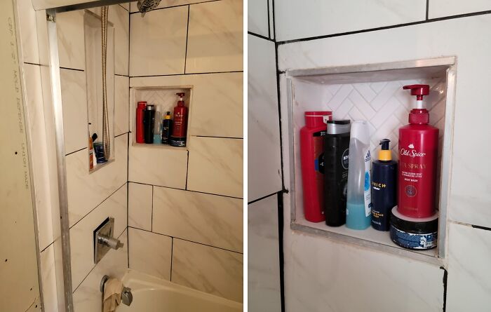 A tiled shower with niches holding various bottles, a common home improvement project. This concrete work may be a fail.