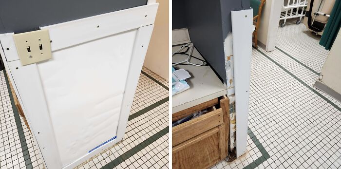 Damaged bathroom area with exposed wood and unsealed walls next to white tiled floor, a home improvement fail.