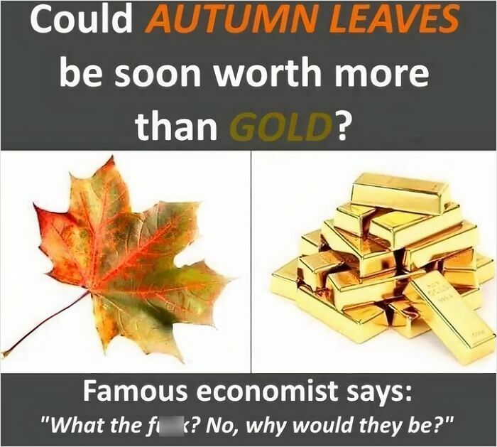 An anti-meme comparing an autumn leaf to gold bars, asking if leaves could be worth more, with an economist's funny response.