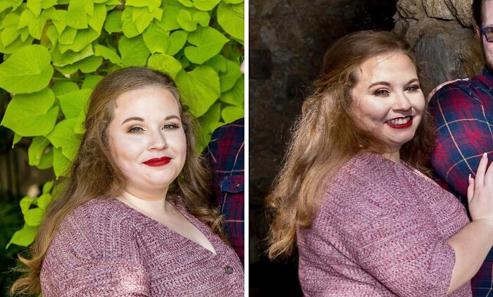 A woman in a split image, first smiling with red lipstick and green leaves, then broadly grinning in a dim salon, showcasing beauty disasters.