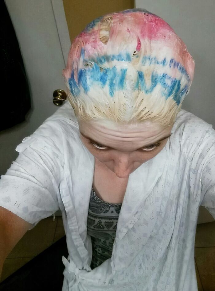 Plastic Bag Used To Retain Heat While Bleaching Hair.... Pure Genius