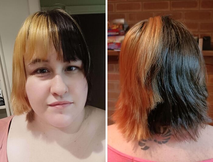 A woman with a bad beauty disaster: half blonde, half dark hair, front and back views. Feeling criminal.