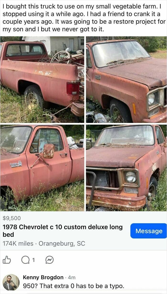 A rusty 1978 Chevrolet C10 truck, overgrown with weeds, being sold for quick money despite appearing like trash.