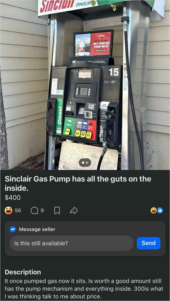 Facebook Marketplace listing for a Sinclair gas pump, sold as trash, making quick money.
