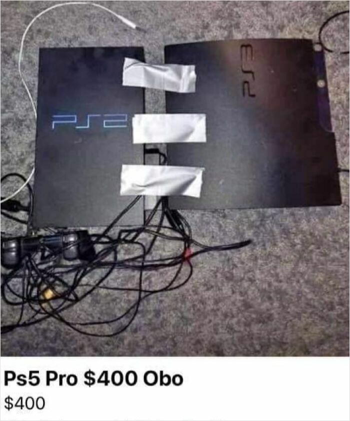 Two old PlayStation consoles taped together to resemble a PS5, offered for sale. People thought they would earn quick money selling trash.
