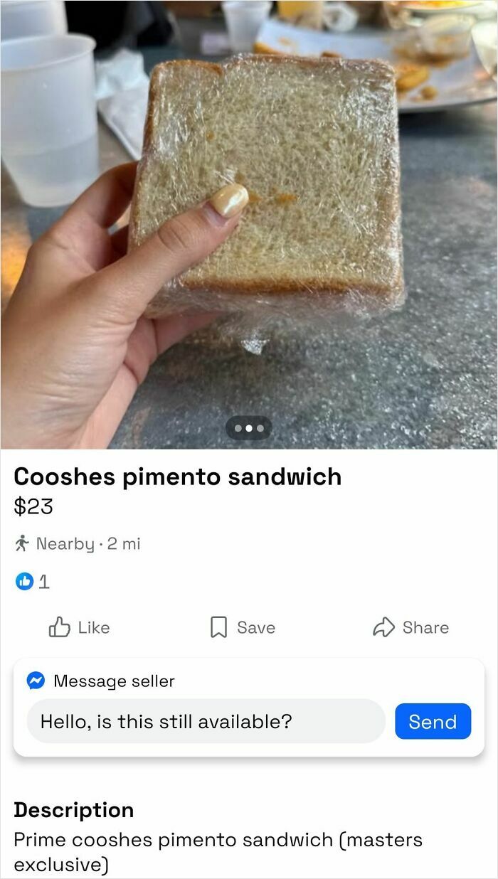 A hand holding a plastic-wrapped sandwich for sale at $23, illustrating a situation where people thought they would earn quick money but ended up being shamed for selling trash.