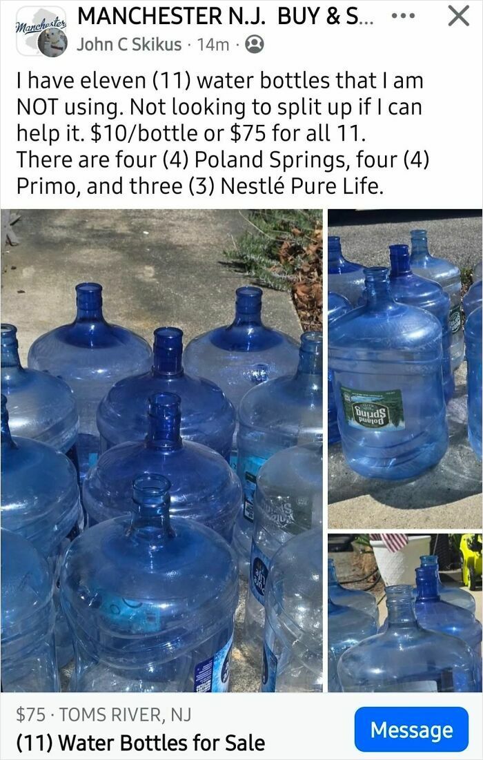 A collection of eleven large, empty blue water bottles for sale. Quick money from selling trash.