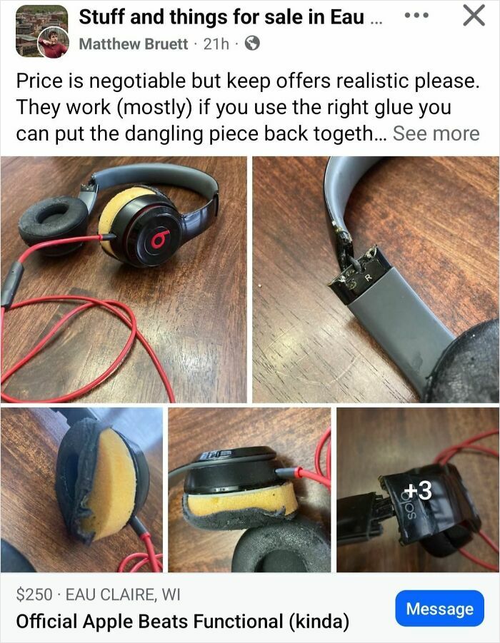 Images of broken Beats headphones listed for $250, a prime example of people selling trash online.