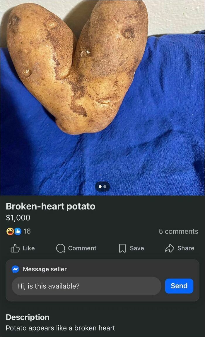 A heart-shaped potato listed for $1,000, exemplifying an attempt to earn quick money by selling trash online.