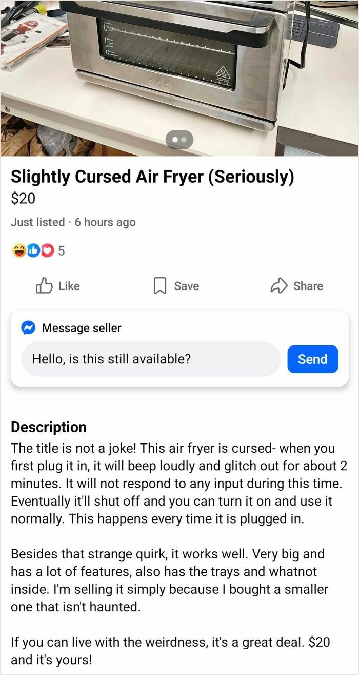 A Facebook Marketplace listing for a "Slightly Cursed Air Fryer" for $20, highlighting quick money opportunities.