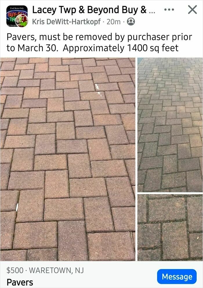 Three images show an area of concrete pavers available for quick money sale and removal, preventing them from being shamed for selling trash.