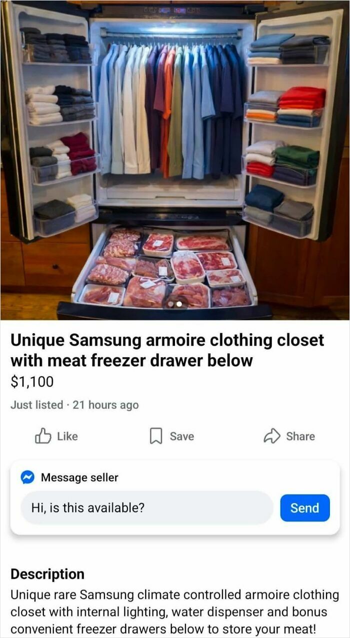 A Samsung armoire closet with clothes, and a drawer full of raw meat. People thought they would earn quick money from this unique item.