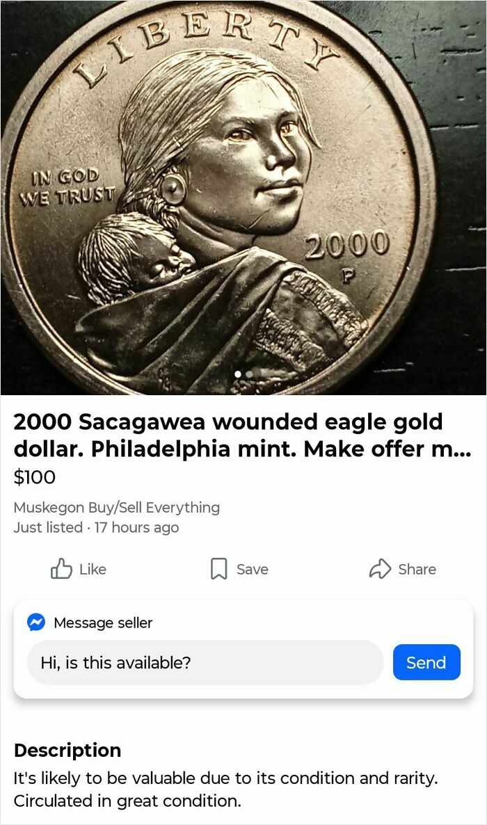 Close-up of a 2000 Sacagawea gold dollar coin listed for sale. Many people attempt to earn quick money selling coins.
