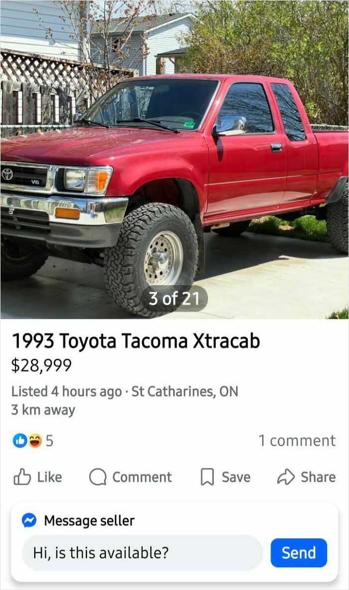 A red 1993 Toyota Tacoma Xtracab listed for sale on Facebook Marketplace. People might think they would earn quick money from it.
