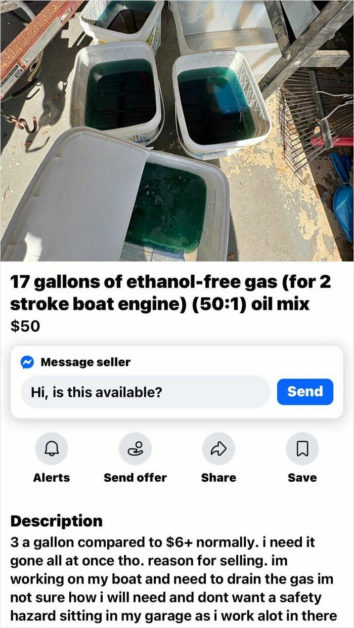 Facebook Marketplace listing for ethanol-free gas in buckets, a quick money scam. Shamed for selling trash.