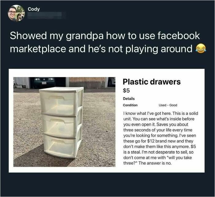 A grandfather selling plastic drawers for quick money on Facebook Marketplace, potentially being shamed for selling trash.