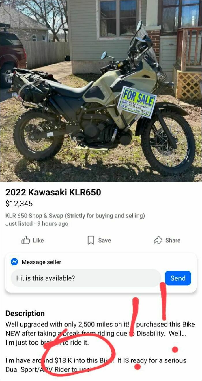 Kawasaki KLR650 for sale. The seller is shamed for selling trash after investing $18K into the bike and listing it for $12,345. Quick money attempt.