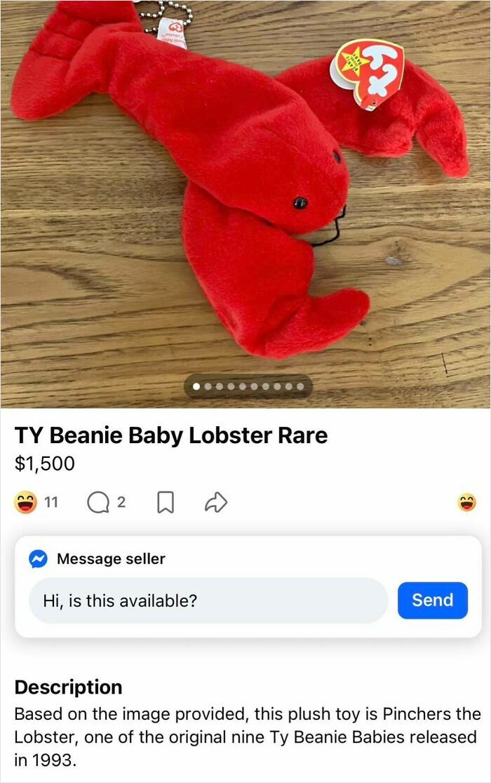 A rare TY Beanie Baby lobster for sale for $1,500, illustrating how people thought they would earn quick money.
