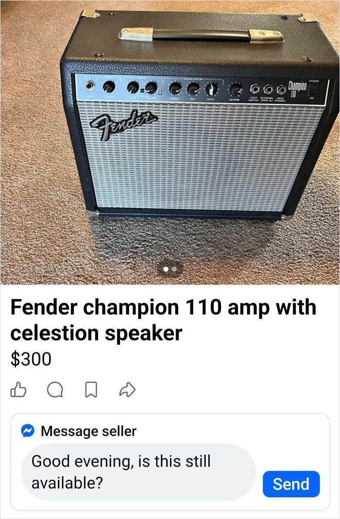 A Fender Champion 110 amp for sale, priced at $300, possibly quick money from selling.