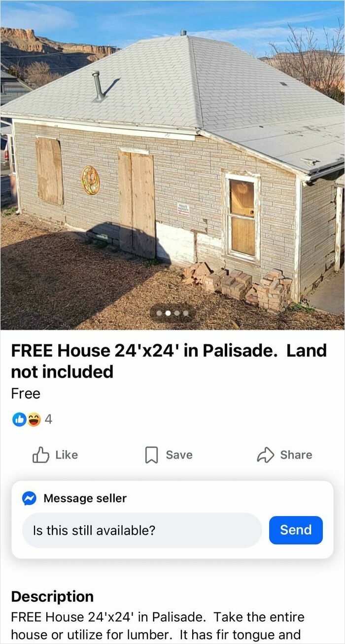 A small, old house with boarded-up windows, advertised as a free house but land not included, resembling quick money schemes.