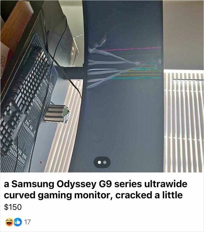 A Samsung Odyssey G9 curved monitor with a cracked screen. Someone selling trash trying to earn quick money.