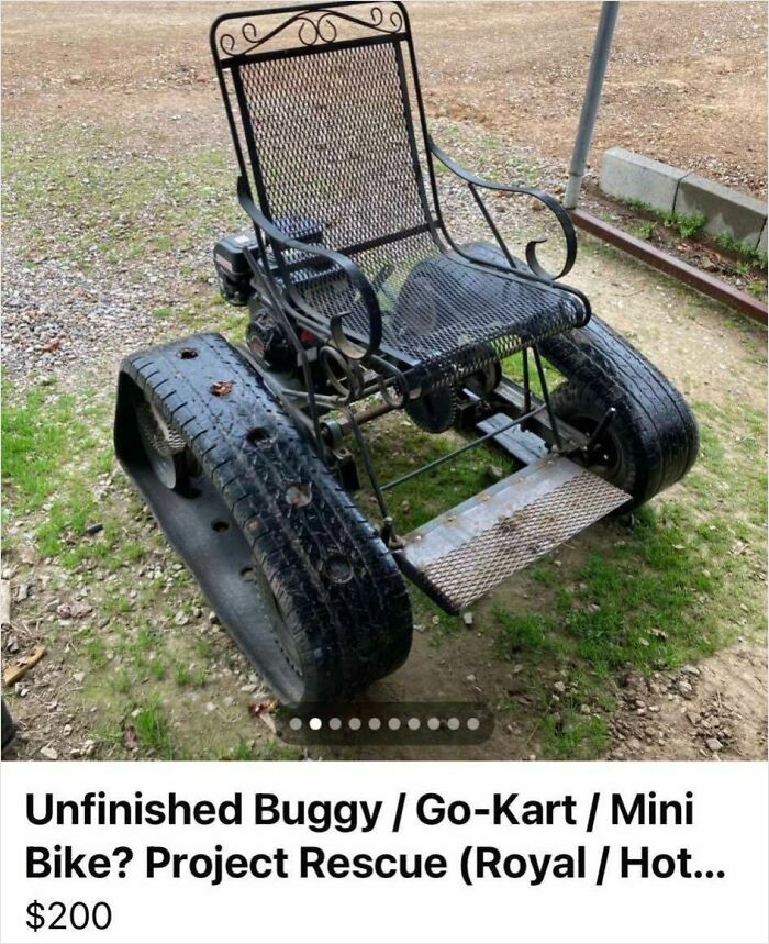 An unfinished, makeshift go-kart with a metal patio chair seat and tires on tracks, a quick money project selling trash.