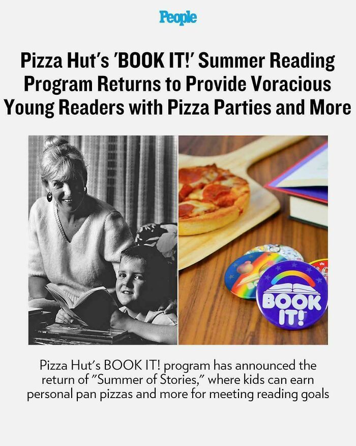 A black and white image of a woman reading to a child, with colorful 'BOOK IT!' buttons, creating a meme that only true '90s kids will understand.