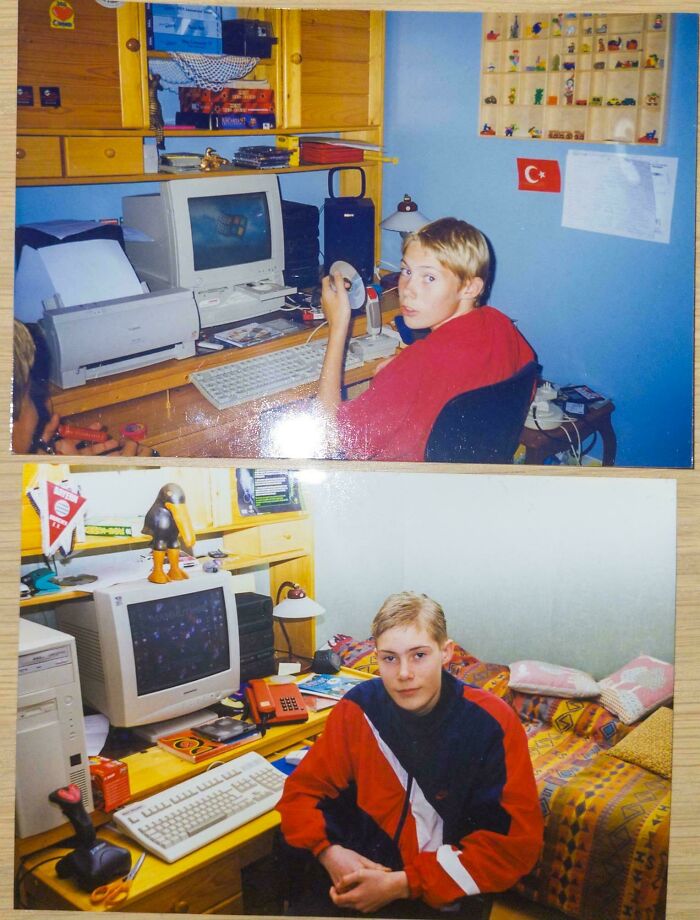 A split image of a young boy in a bedroom with a computer setup, creating a meme that only true '90s kids will understand.