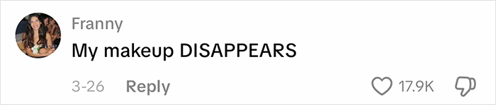 Social media comment from Franny saying makeup disappears, highlighting complaints about office air effects at work.