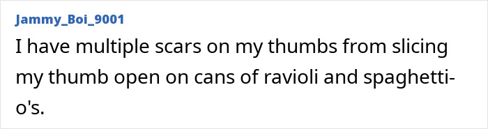 Screenshot of a personal story describing multiple scars on thumbs from slicing open cans, illustrating stupid injury stories.