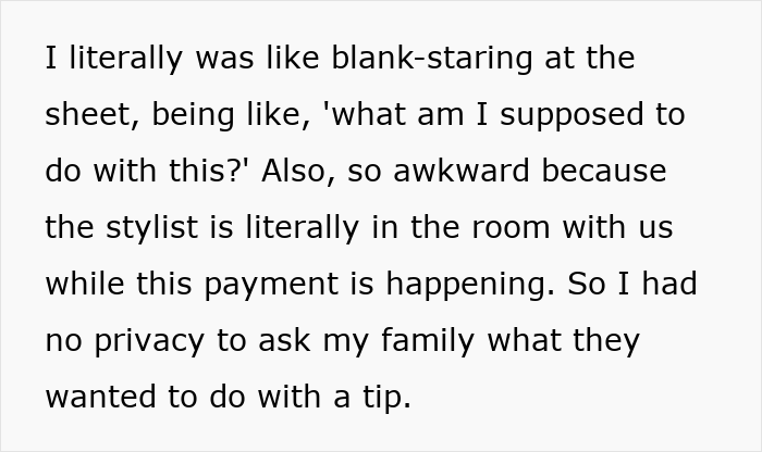 Alt text: Woman describes feeling icky and awkward refusing to tip for a wedding dress while stylist is present during payment.