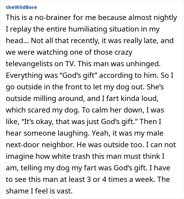 Text screenshot about a woman letting her dog out and farting loudly, an embarrassing moment that hurt to read.