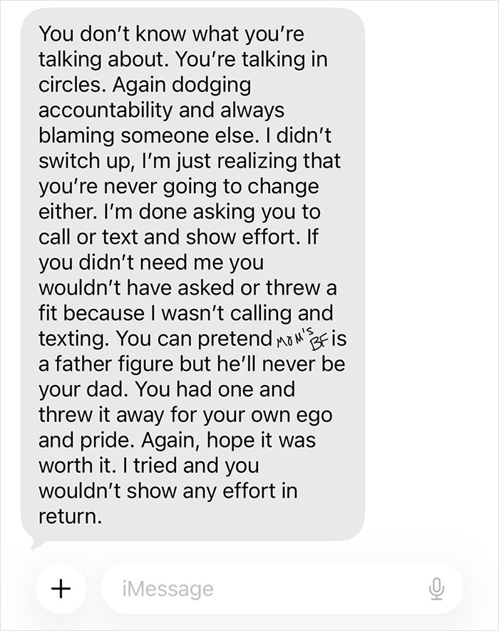 Text message showing a tense confrontation between a teen and dad over neglect and lack of effort in their relationship. Text message showing a tense confrontation between a teen and dad over neglect and lack of effort in their relationship.