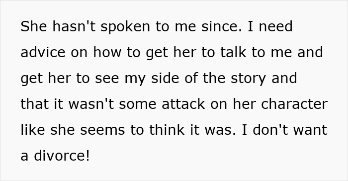 Text: "She hasn't spoken to me since. I need advice on how to get her to talk to me. I don't want a divorce!" reflecting the paternity test drama.