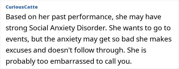CuriousCatte's comment suggests the best friend's absence from the wedding could be due to Social Anxiety Disorder, causing her to skip the event.