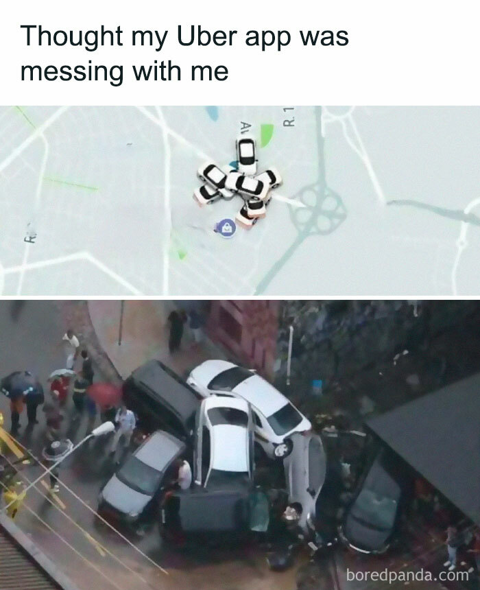 Map showing multiple Uber cars stacked at one location and a real-life car crash with several vehicles tangled together, wild memes concept.