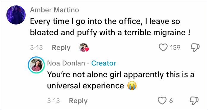 Comments discussing feeling bloated and puffy from office air while experiencing migraines, highlighting work environment issues.