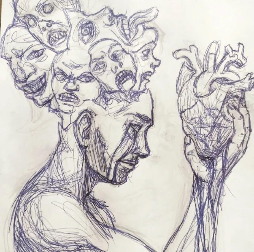 Sketch of a person holding an anatomical heart with multiple distressed faces emerging, illustrating emotional enmeshment and suffocation.