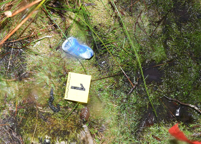 Crime scene evidence marker on grassy ground near a crushed can, related to horrific crimes exposed by devastated bride-to-be.