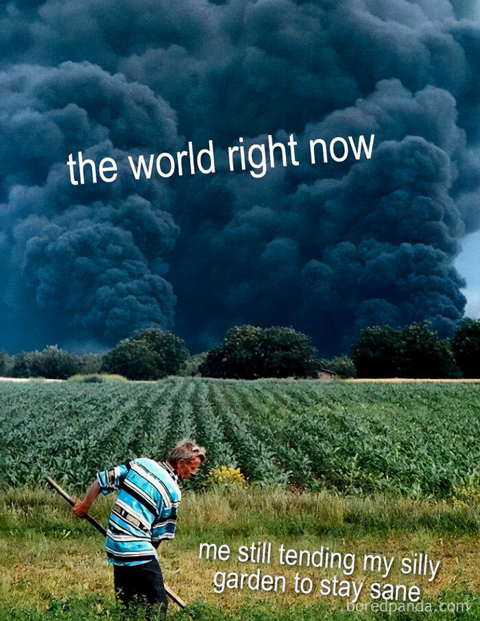 A man tending a field with huge, dark storm clouds in the background; a plant parent meme.