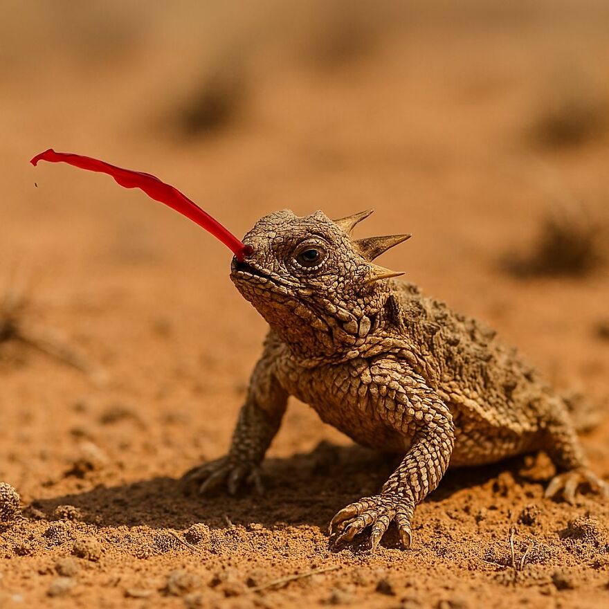 A horned lizard in a desert setting, shooting a stream of blood from its eye as a defense reaction to danger. Animals terrifying reactions.