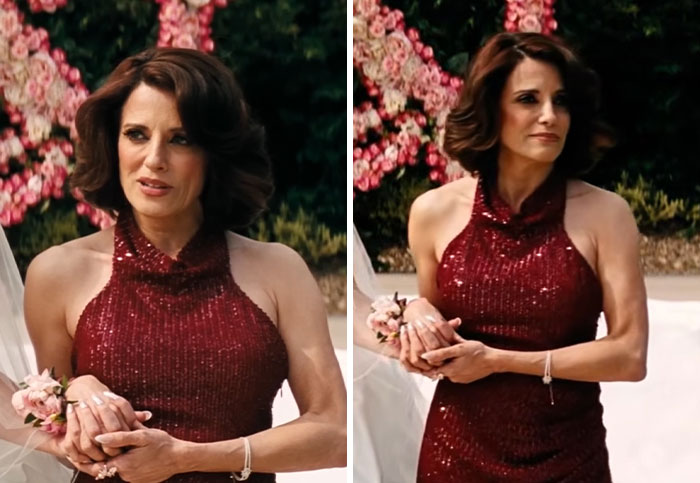 A woman with voluminous brown hair in a shimmering red halter dress, an example of hideous outfits from Euphoria's wedding scene.
