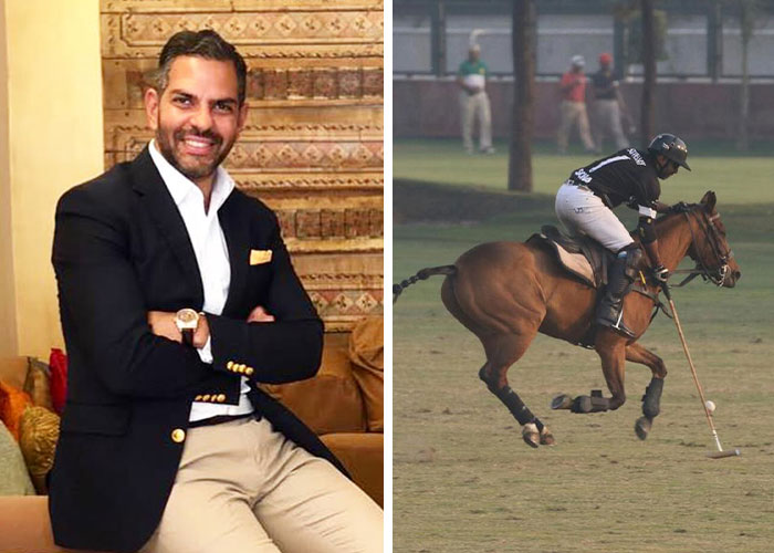 A man in a suit and a polo player on a horse. A freaky accident could happen at any time in polo.