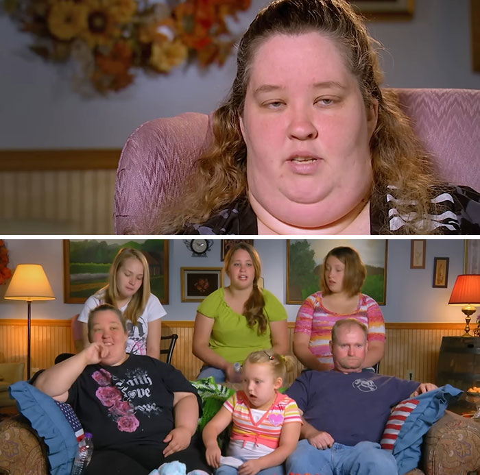 Mama June Shannon in a split image, top alone speaking, bottom with family, a TV show canceled due to scandalous controversies.