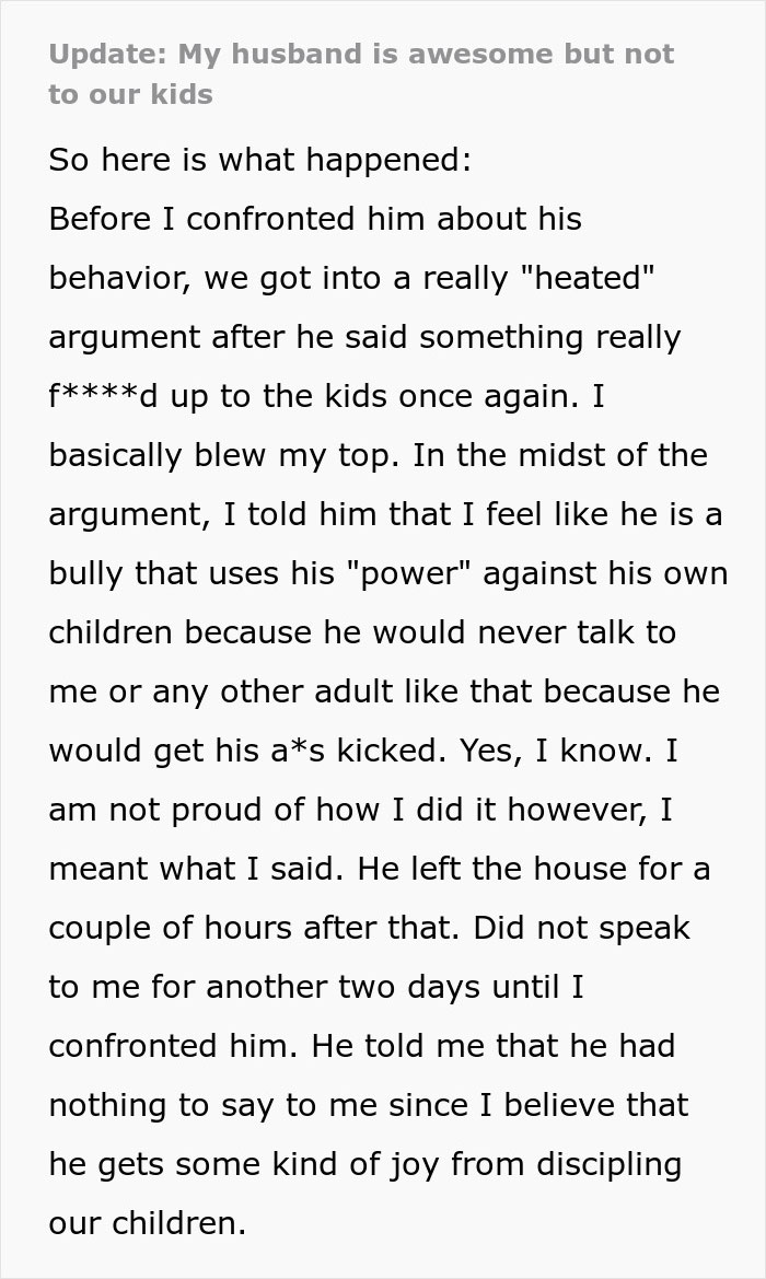 Mom shares her husband is awesome to her but a complete jerk to their kids in a heated family argument update.