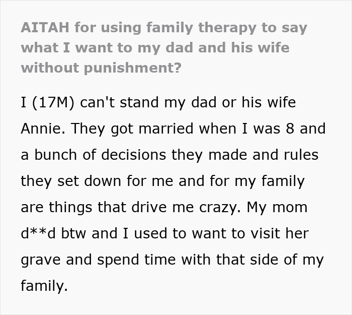 Teen Accused Of "Misusing" Family Therapy As He Rats Out Dad And Stepmom's 9 Years Of Cruelty To Him