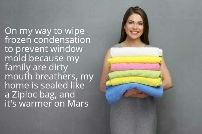 A smiling woman holding a stack of colorful towels next to text about frozen condensation. Hilarious memes about living in Alaska.