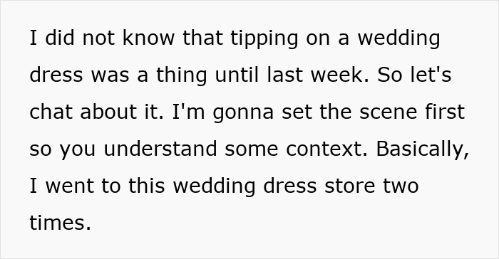 Text excerpt discussing a woman refusing to tip at a wedding dress store, sparking internet debate.