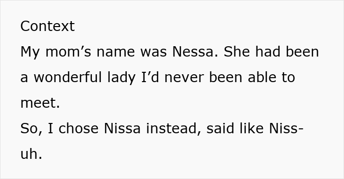 Text describes choosing a baby name, Nissa, honoring a deceased mother. Relates to MIL fight over baby name.