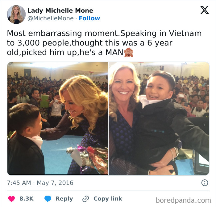 Lady Michelle Mone holding a man she mistook for a child. An embarrassing moment that hurts to read.